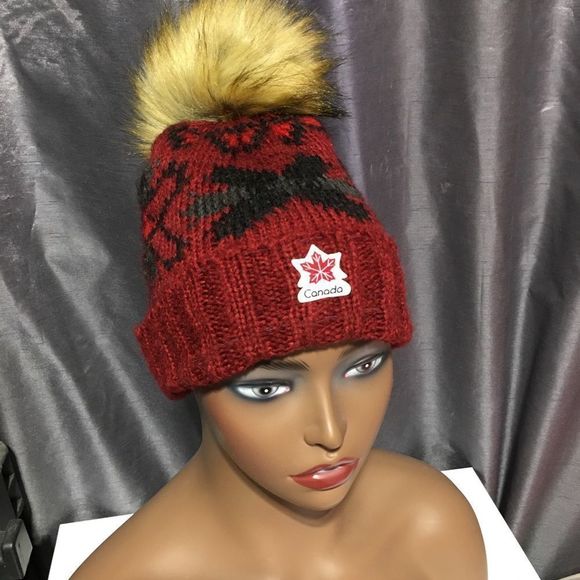 Canada Red Black Pom Pom Beanie One Size Wool Blend - Picture 1 of 12